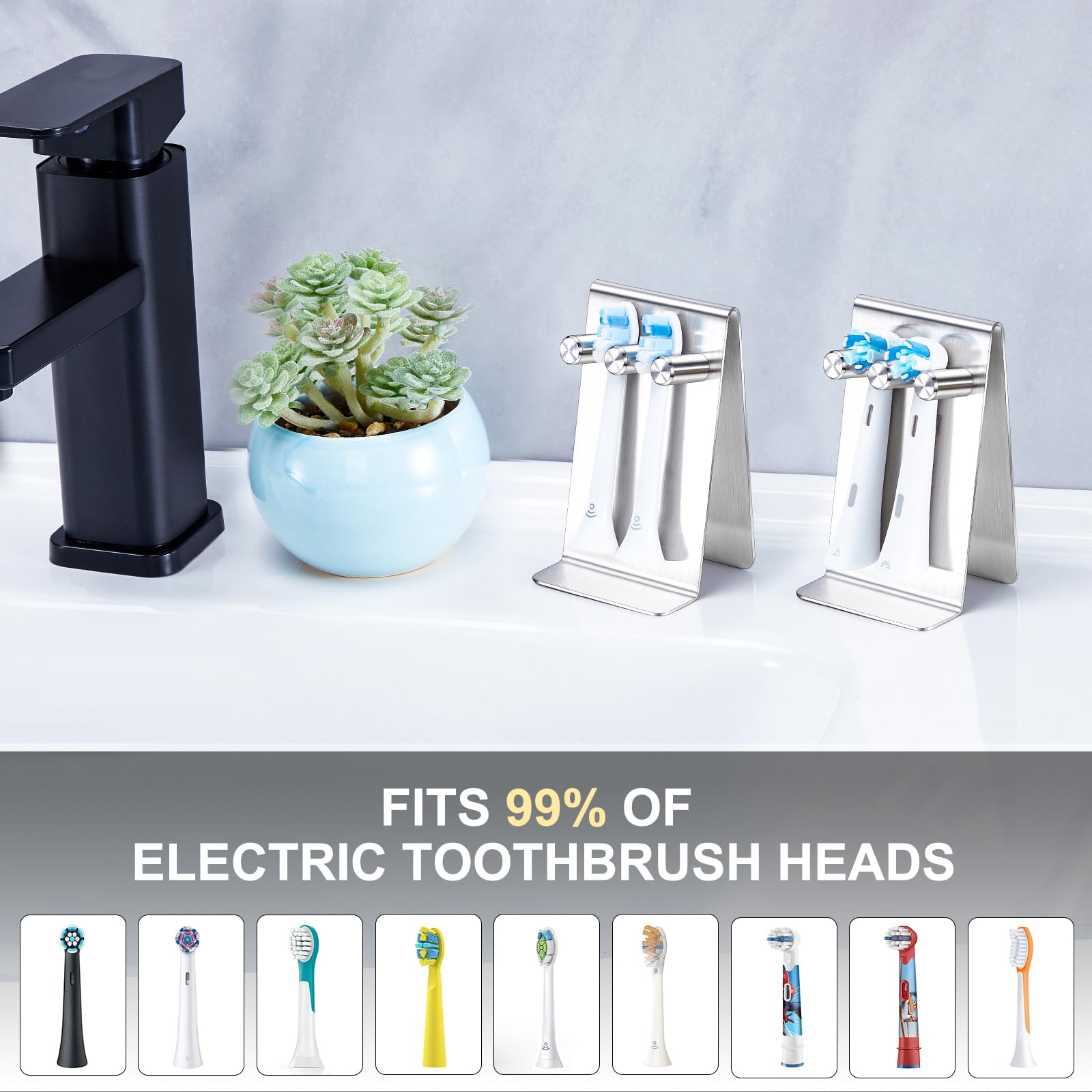WAYASI Electric Toothbrush Head Holder, Self Adhesive or Desktop Tooth Brushing Holder, Wall Mounted Toothbrush Holders Shower Bathroom, Tooth Brush Holder Organiser (Silver, Small)