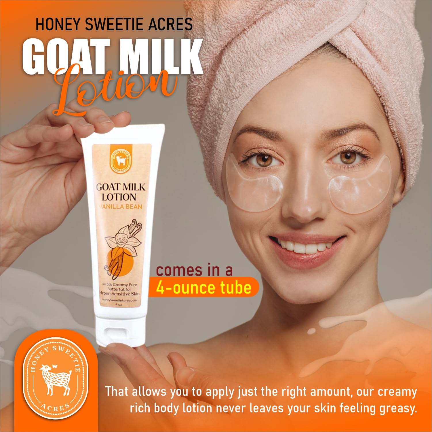 Honey Sweetie Acres Fresh Off The Goat All-Natural Goat Milk 4 oz Vanilla Bean Body Lotion is a cruelty-free, handmade lotion that hydrates and moisturizes - Made in the USA