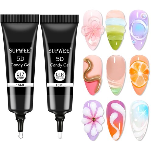 SUPWEE 3D Nail Art Gel, Korean 3d Tube Nail Gel Sculpting Gels for Nail Art Soft Tube DIY Carving Drawing Line Painting Gels Clear and Milky White