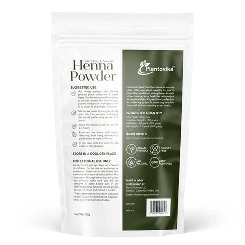 Plantovika 100% Natural and Pure Henna Powder/Lawsonia Inermis For Hair, Orange-Red Hair Color, Triple Shifted, Smooth Henna Paste and Cones, No additives, No Chemical, Easy to use 400 grams