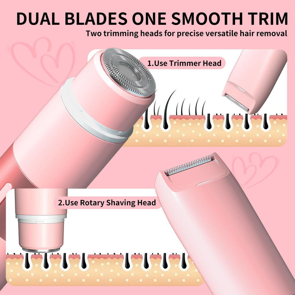 Bikini Trimmer for Women - 2 in 1 Electric Razors for Women Painless IPX7 Waterproof Rechargeable LED Dual Head Electric Shaver for Lady Bikini Underarm, Body, Leg, Face Hair Remove (Pink)