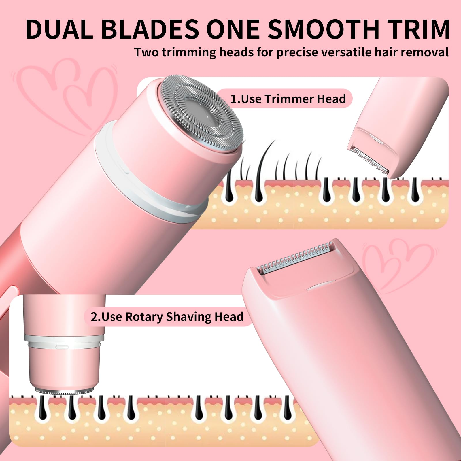 Bikini Trimmer for Women - 2 in 1 Electric Razors for Women Painless IPX7 Waterproof Rechargeable LED Dual Head Electric Shaver for Lady Bikini Underarm, Body, Leg, Face Hair Remove (Pink)