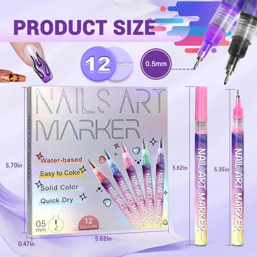 MKNZOME 12 Color Nail Art Pens, 0.5 MM Nail Polish Pens Set Drawing Painting Point Liner Acrylic Painted Pen Kit, Waterproof and Quick-drying Nail for DIY Nails Art Design Manicure Tools