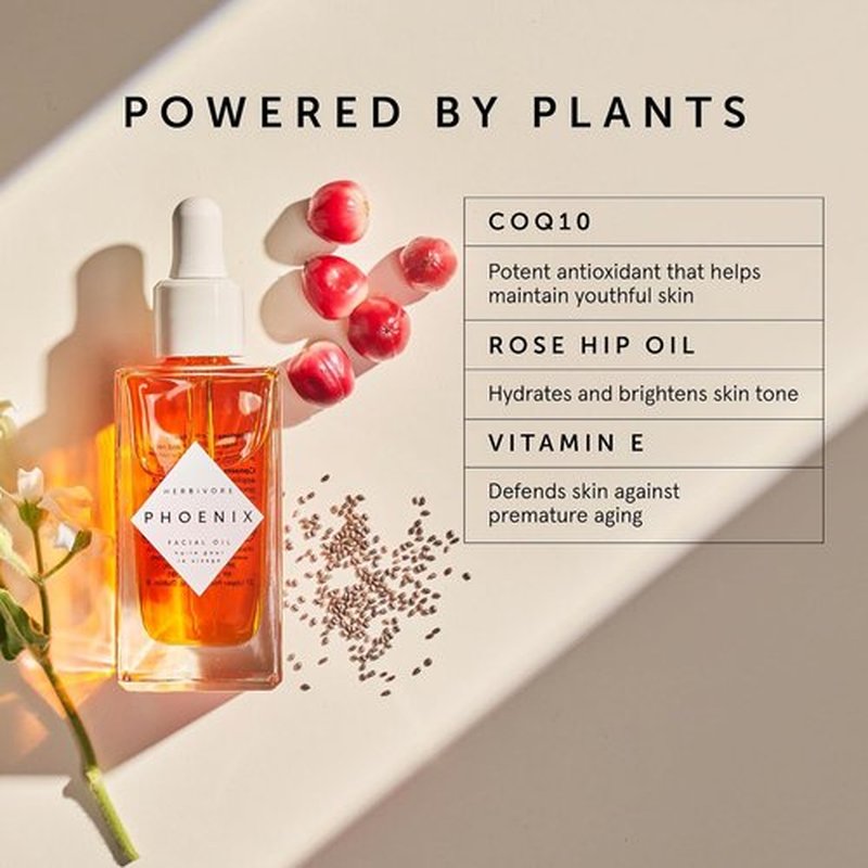 Herbivore Phoenix Facial Oil - Deep Renewal Anti-Aging Oil with Rosehip, CoQ10 & Vitamin E | Moisturizing for Dull Skin