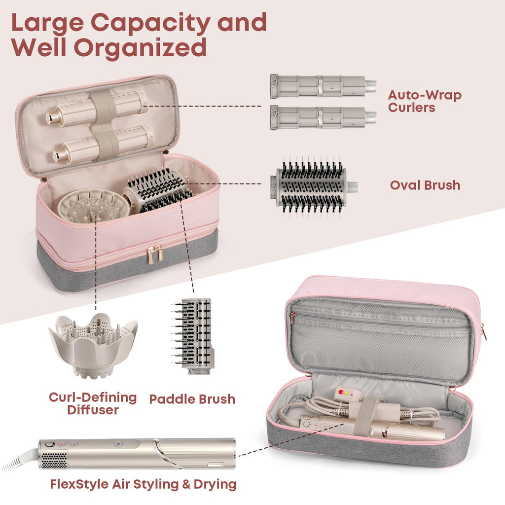 Travel Carrying Case for Shark Flexstyle FlexFusion Revlon Hair Dryer Airwrap, Portable Double Layer Shark Hair Tools Storage Organizer Bag for Airwrap Styler and Attachments, Pink Gray-Bag Only