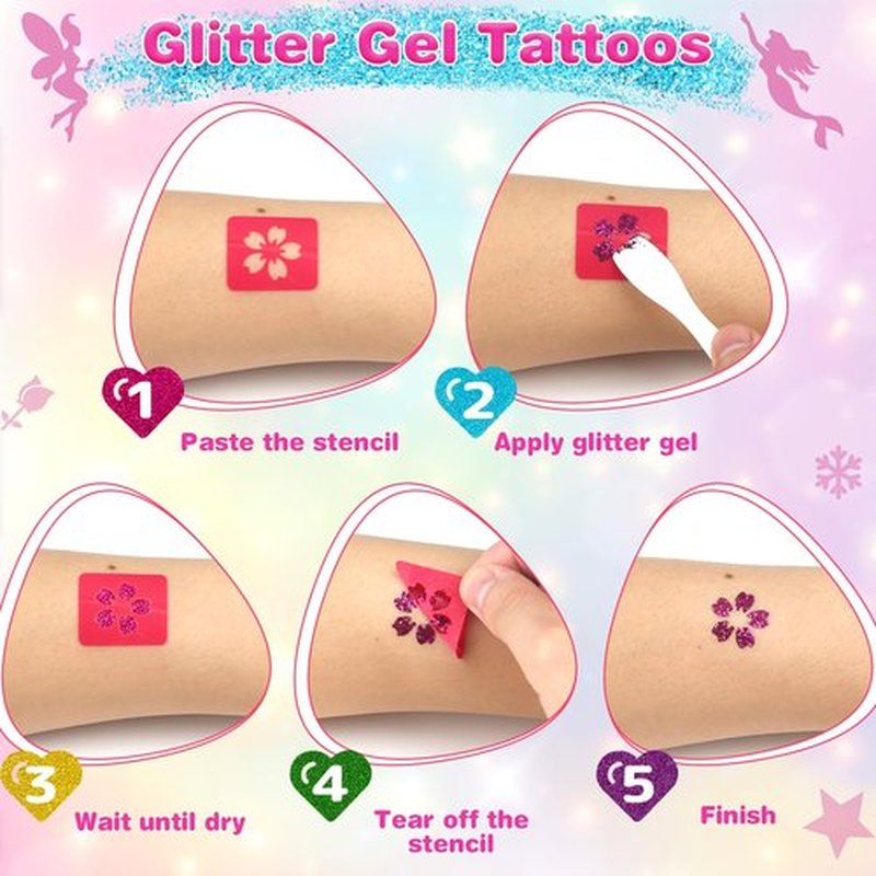 Dreamon Temporary Glitter Tattoo Kit for Kids with 6 Colors No-mess Glitter Gel, 325 Unique Stencils - Adult & Kids Body Art Glitter Make Up Kit - Gifts for Girls Boys Christmas Birthday Summer Party