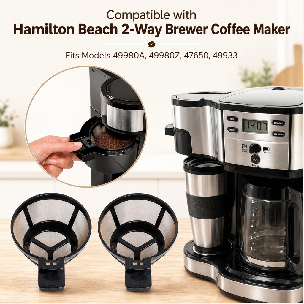 Reusable Single Serve Brew Coffee Basket Scoop,Gold Coffee Filters Replacement Compatible with Hamilton Beach 2-Way Coffee Makers 49980A, 49980Z, 47650, 49933 Accessories,Pack of 2