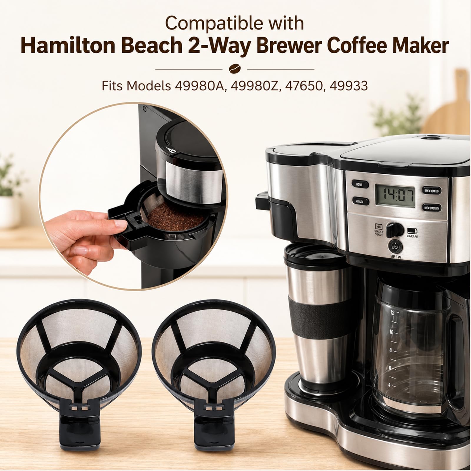 Reusable Single Serve Brew Coffee Basket Scoop,Gold Coffee Filters Replacement Compatible with Hamilton Beach 2-Way Coffee Makers 49980A, 49980Z, 47650, 49933 Accessories,Pack of 2