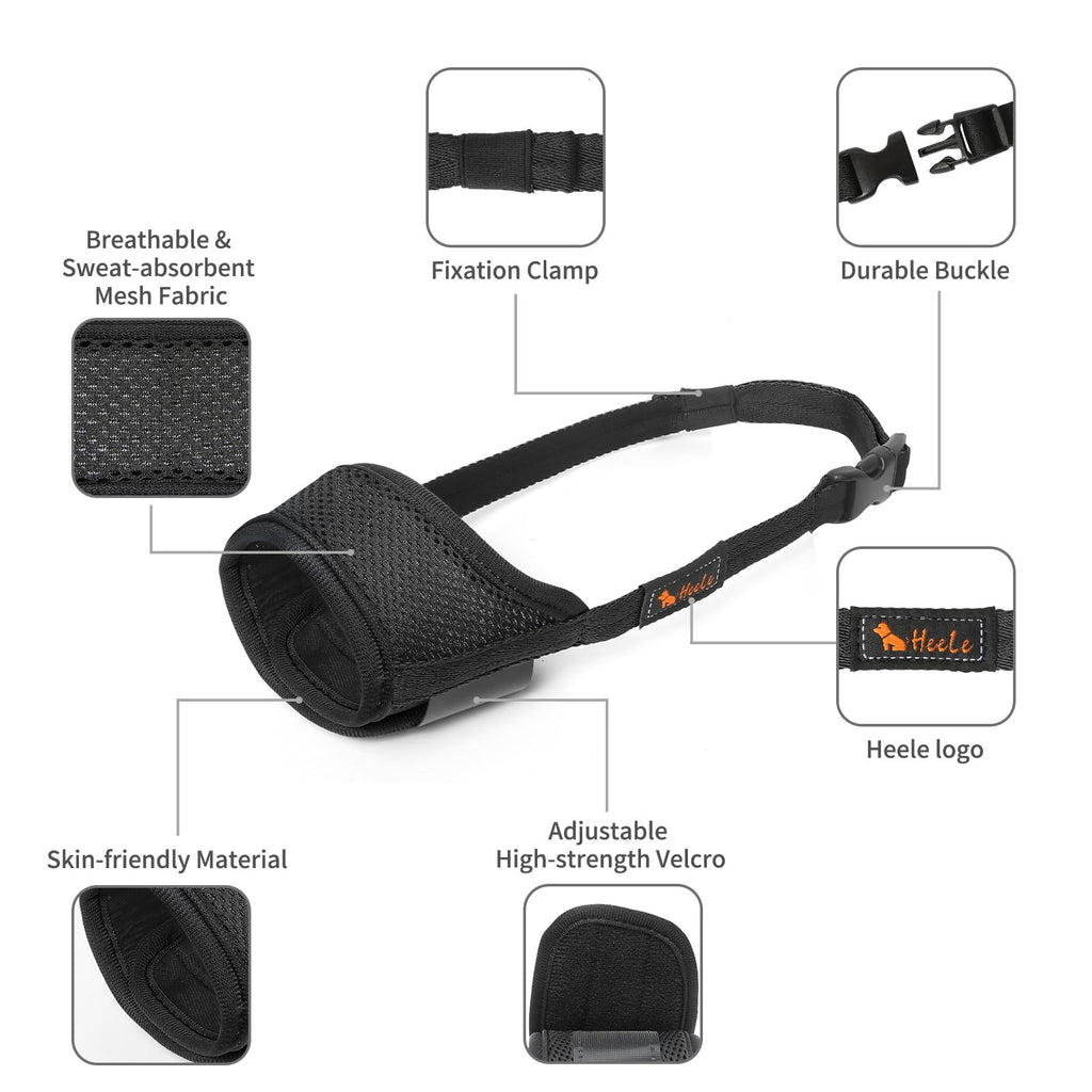 HEELE Dog Muzzle,Soft Nylon Muzzle Anti Biting Barking Chewing,Air Mesh Breathable Drinkable Adjustable Loop Pets Muzzle for Small Medium Large Dogs 4 Colors 4 Sizes (Black, S)