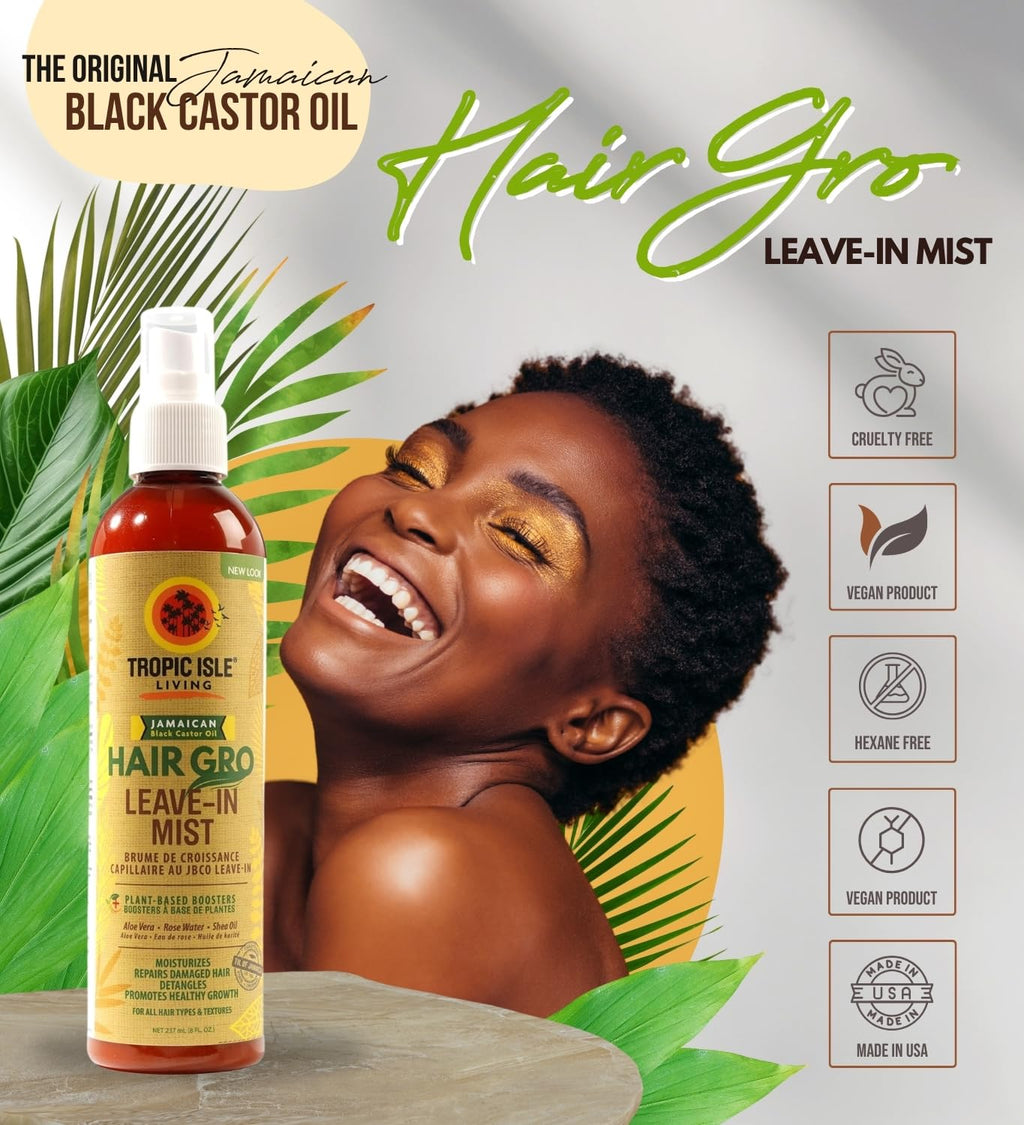 Tropic Isle Living Leave In Conditioner For Black Women – 2x Hair Gro Leave-In Mist 8oz Bundle with Rose Water, Aloe Vera & Shea Oil – Detangling, Moisturizing, and Strengthening – Gift Set (2 Items)