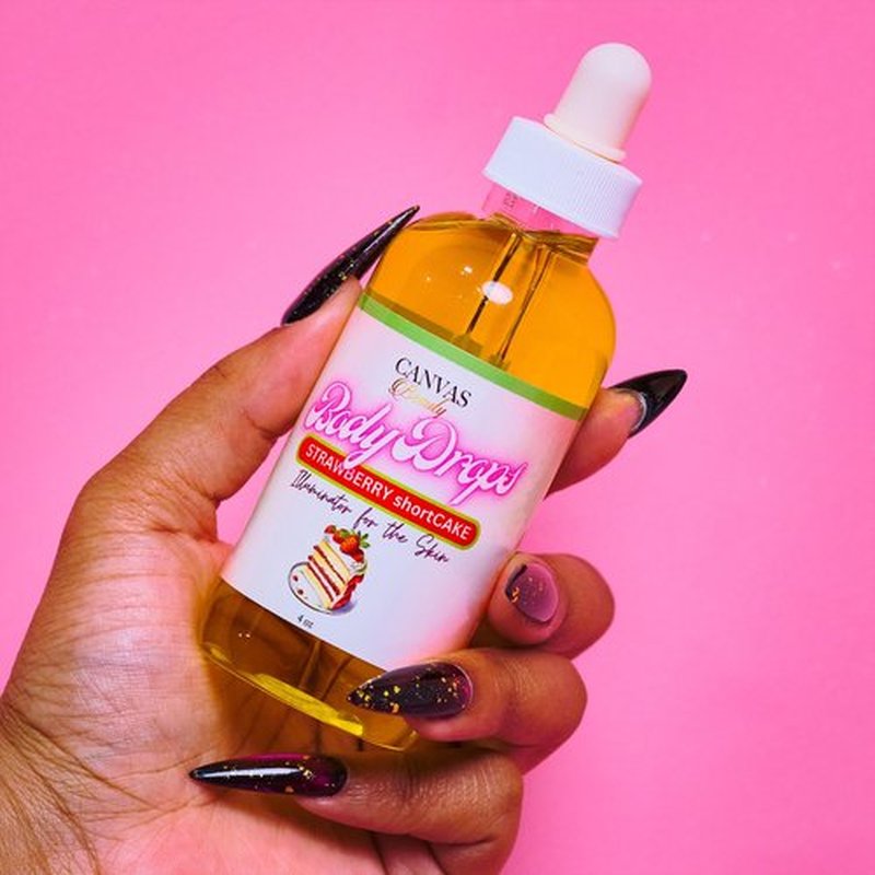 Canvas Beauty Body Drops – Strawberry Shortcake Scented Body Oil with Coconut Oil, Hydrating Fragrance Body Drops for Soft Glowing Skin, 4 oz