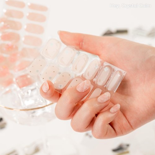 Heyhae Semi Cured Gel Nail Strips | No LED Lamp Needed | Pink, Marble | Easy Apply & Remove, Salon Quality | Includes 28 Strips, 1 Prep Pads, Nail File & Wooden Stick - Hey, Crystal Calm