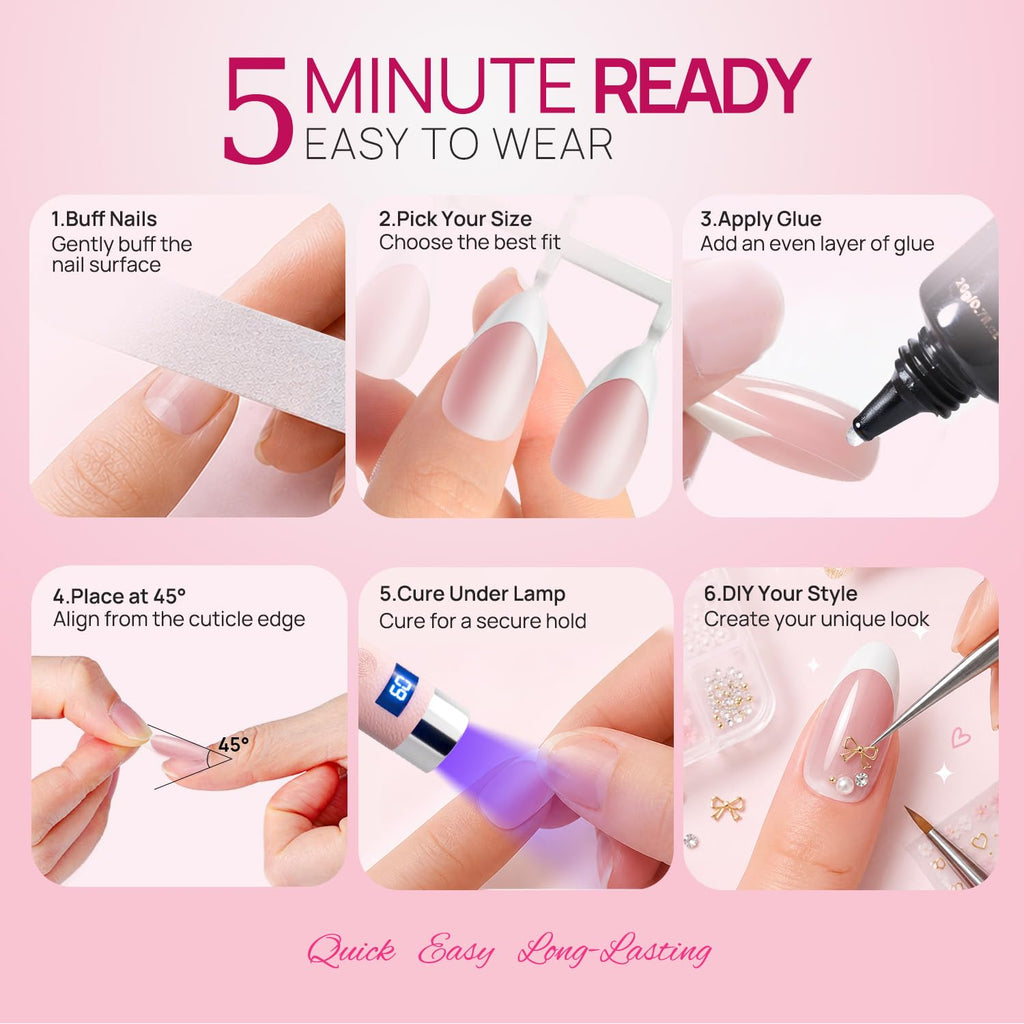 Krofaue French Tips Press On Nails – Pink Matte Short Almond Press On Nails, 15 Sizes Reusable Acrylic Nail Tips Soft Gel Nail Tips for Women Nail Salon & Home DIY