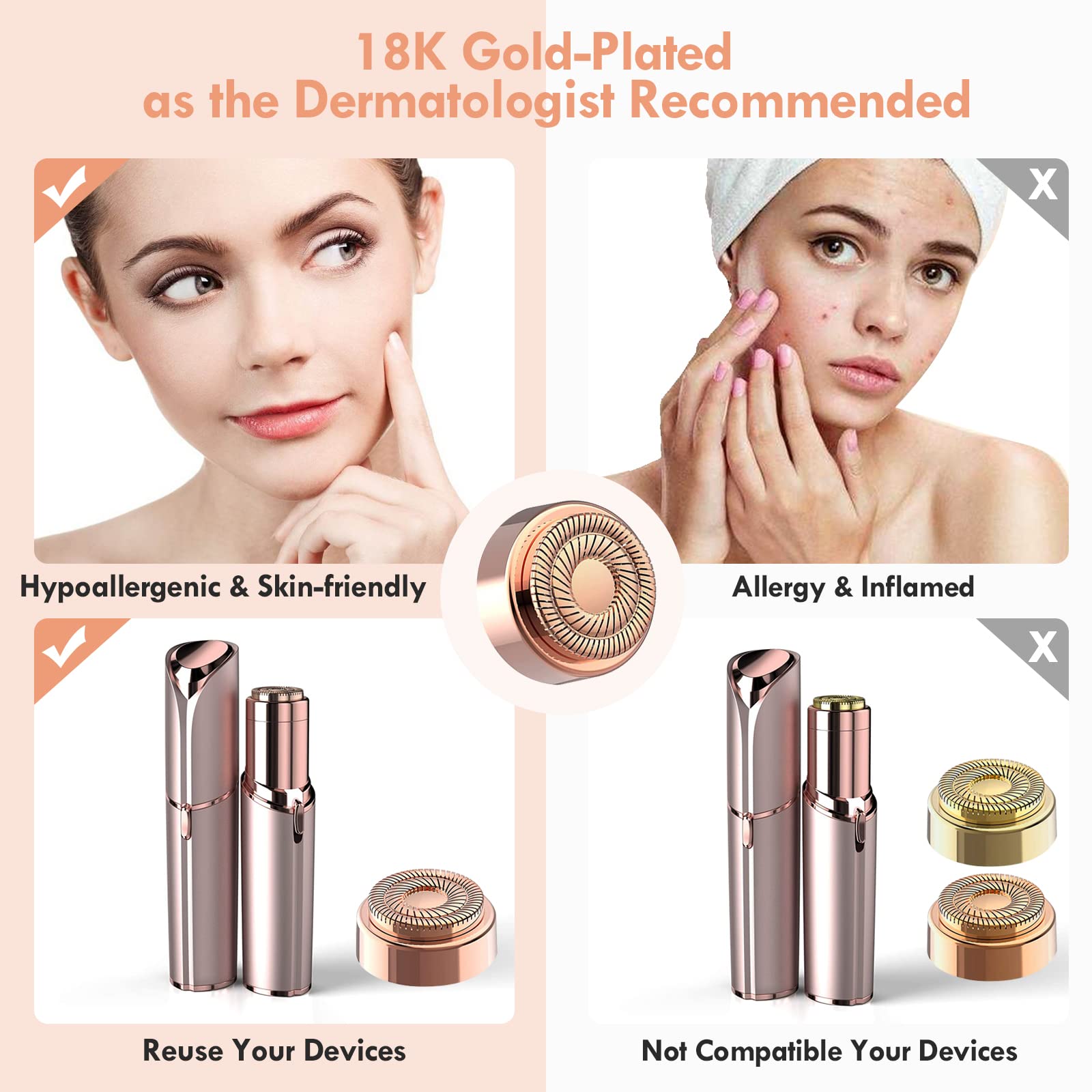 Replacement Heads for Flawless Facial Hair Remover,Gen 2 Replacement Blades for Finishing Touch Flawless Hair Removal, 6 Count 18k Gold Heads with Storage Bag