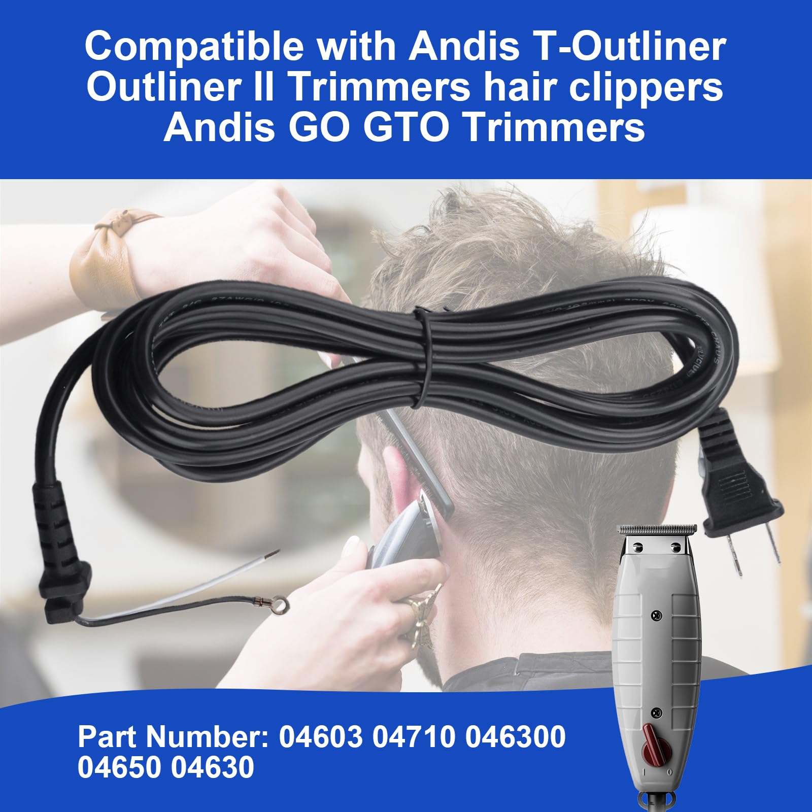 04624 Hair Clippers Cord Replacement for Andis T-Outliner/Outliner II Trimmers,Power Wire for Hair Trimmer GO,GTO Models,04603,04710,2 Wire Plug