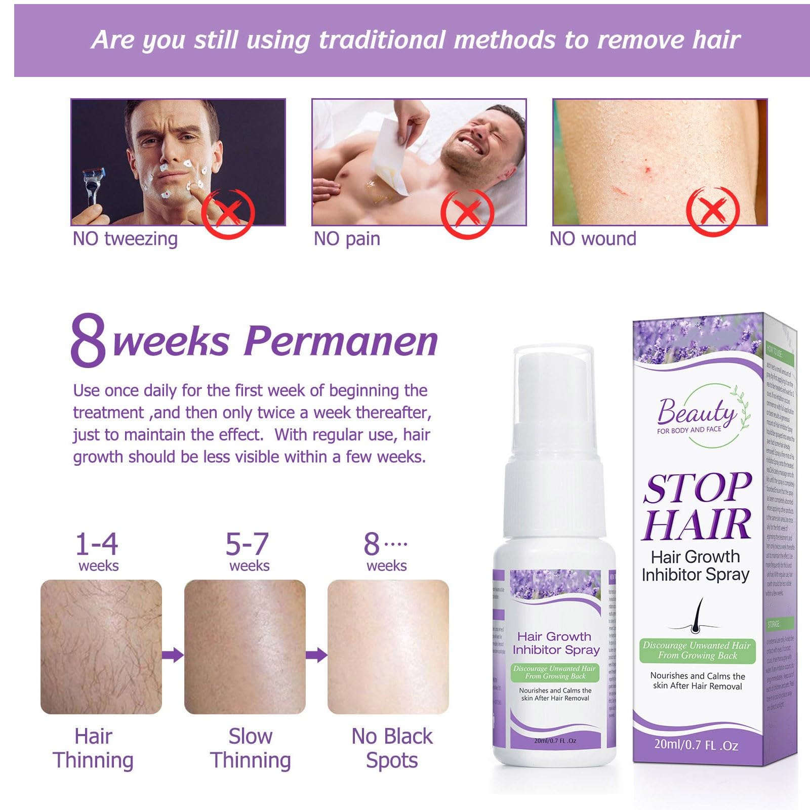 Hair Growth Inhibitor for Face - 2 Pack Hair Inhibitor 20ml, Painless Hair Removal Inhibitor Spray Slows Regrowth for Body, Face, Legs, Arms, Armpit, After Waxing Care for Women & Men