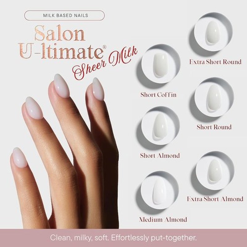 **Celebritips Press On Nails - Salon U-ltimate™ Sheer Milk | Extra Short Round, Reusable | 32 Nails Kit with Glue**