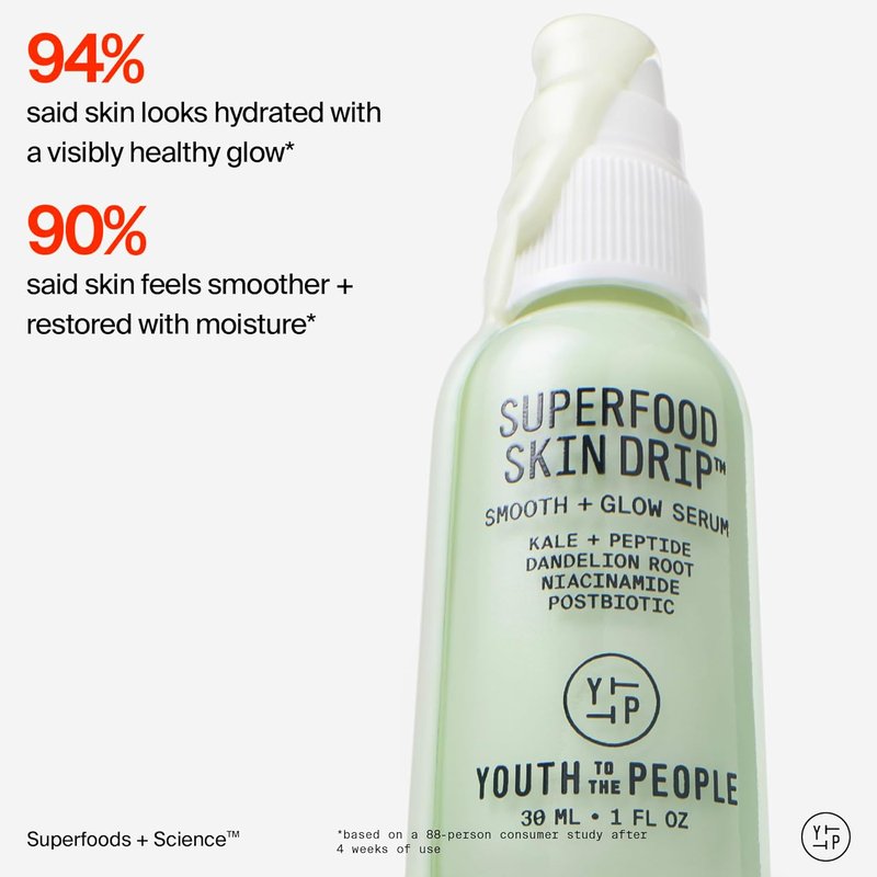 Youth To The People Superfood Skin Drip Face Serum - Strengthens Skin Barrier & Evens Tone, 1 fl oz | Vegan Formula with 5% Niacinamide, Kale & Peptides