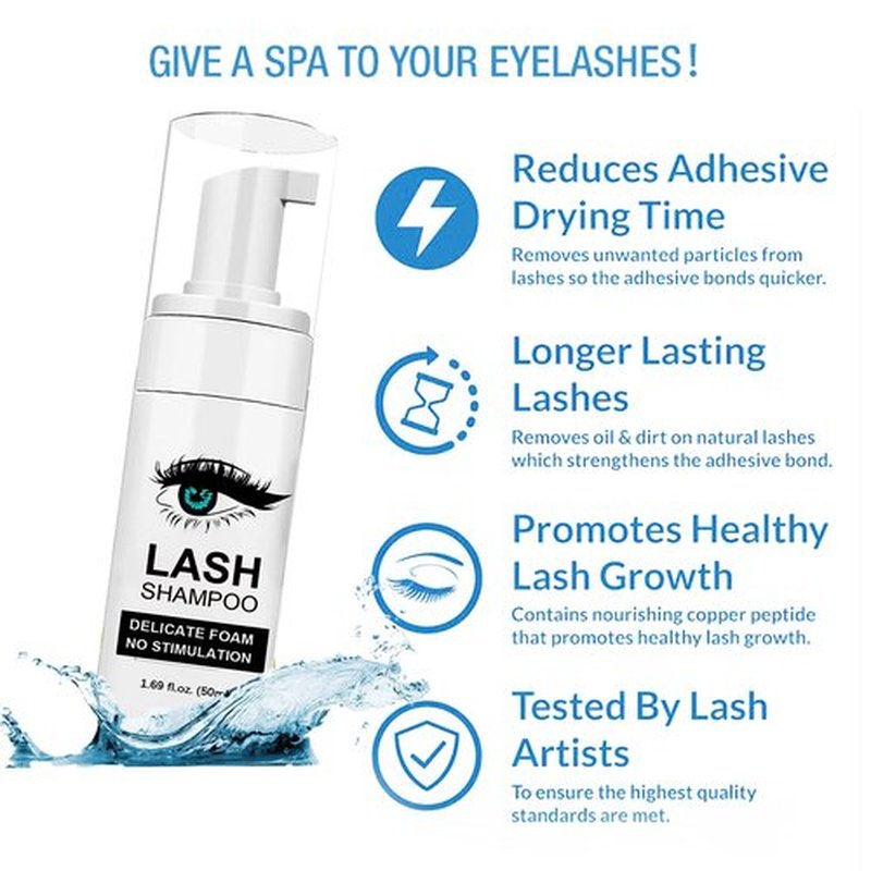 Shmian Lash Shampoo for Lash Extensions, Lash Fan with 50ml Eyelash Foam Cleanser and 50 Pcs Eyelash Brush and Rinse Bottle Oil Free/Sulfate Free Eyelash Wash Remover For Eyelash Extension Wash, Black