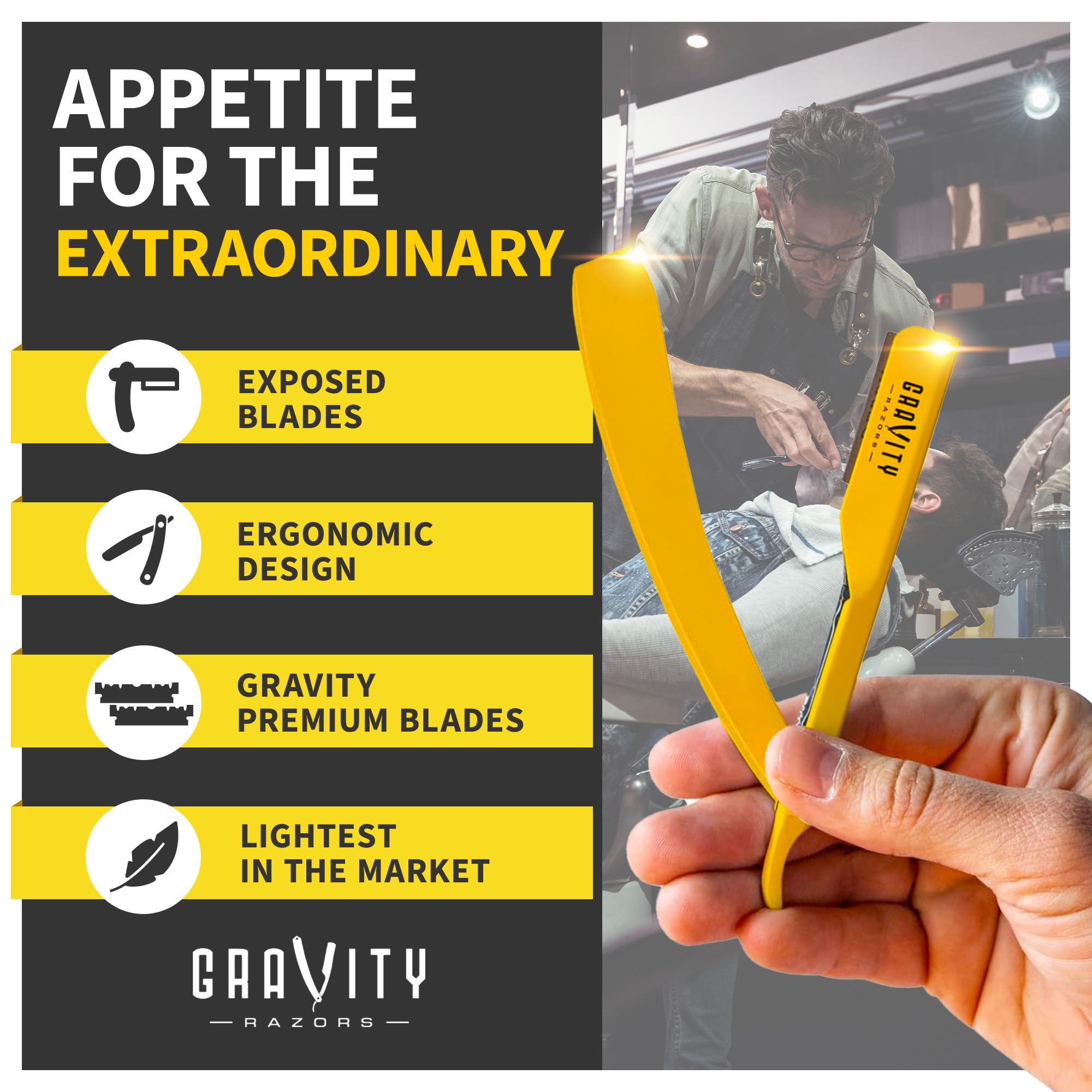 Gravity Razors Professional Straight Razor - Minimal Exposure Straight Razor Kit with 10 Derby Premium Blades (Yellow, Ultra Exposed 2mm Exposed - Yellow)