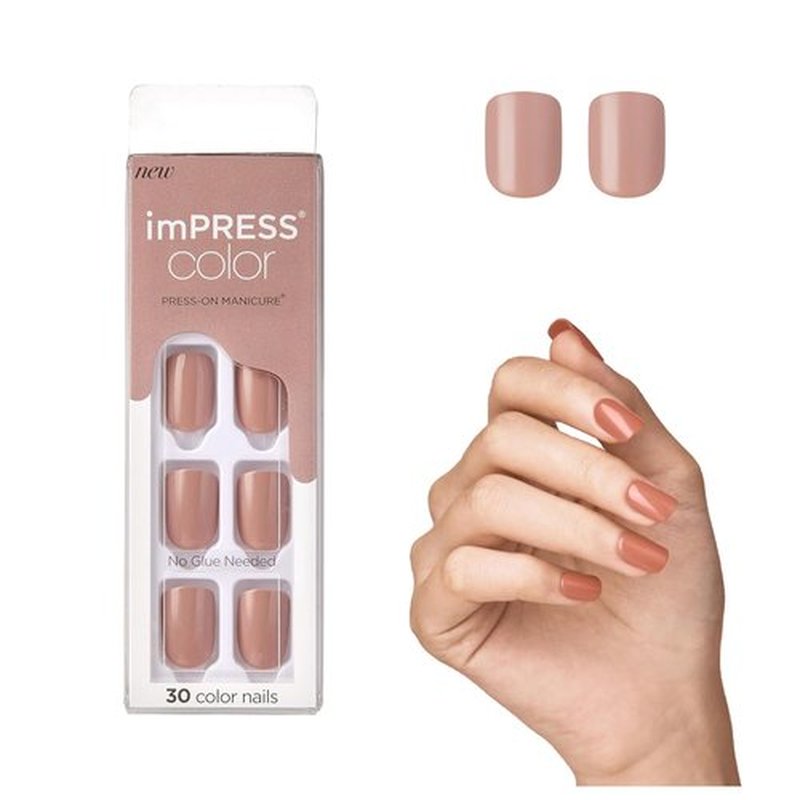 KISS imPRESS Press-On Nails - No Glue, 'Sandbox' Pink, Short Squoval Shape, 30 Nails Included