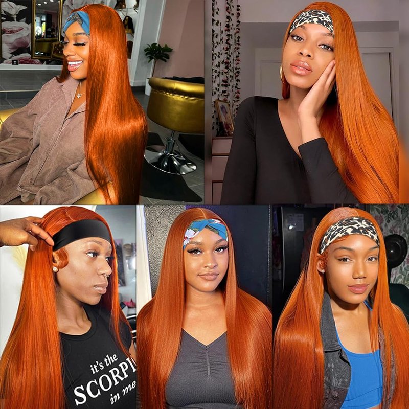 YiweYowe 26 Inch #350 Orange Headband Wig Human Hair 150% Density Grade 8A Unprocessed Brazilian Virgin Hairs Machine Made Orange Straight Headband Wig Human Hair None Lace Front Wig