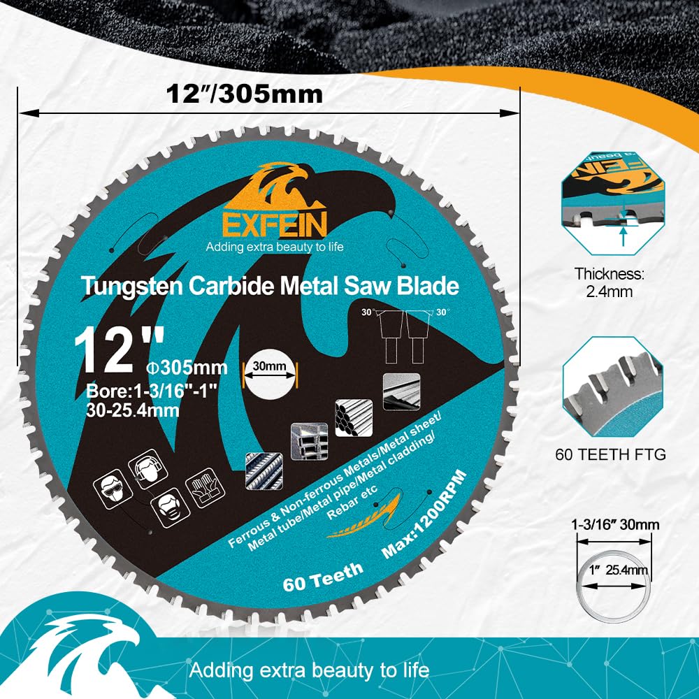 12 Inch 60T Metal Circular Saw Blade - EXFEIN Tungsten Carbide Tipped Saw Blade Arbor 1-3/16" for Metal Sheet or Pipe, Angle Iron, Rebar, Ferrous Metals, Non-Ferrous Metals