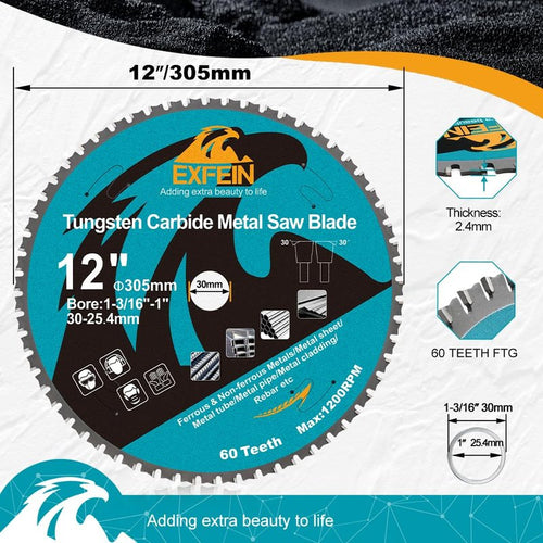 12 Inch 60T Metal Circular Saw Blade - EXFEIN Tungsten Carbide Tipped Saw Blade Arbor 1-3/16" for Metal Sheet or Pipe, Angle Iron, Rebar, Ferrous Metals, Non-Ferrous Metals