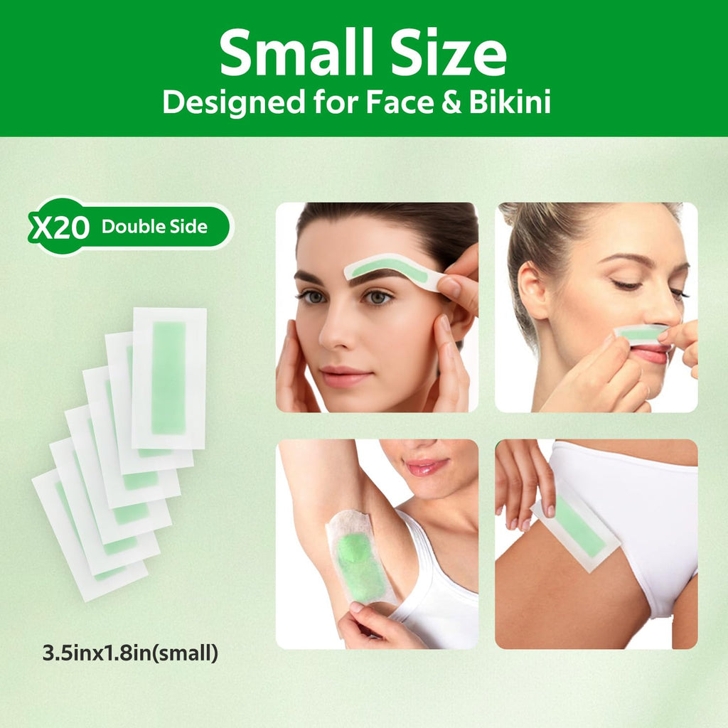 Waxfans 60 Counts Wax Strips for Hair Removal,40 Body Waxing Strips for Bikini,Legs & Underarms, 20 Face Wax Strips for Facial,lip,eyebrow,chin with 4 Calming Wipes, for Women & Men（Green）