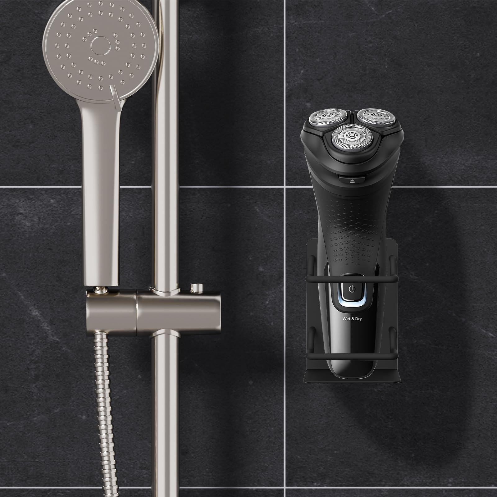 Linkidea 2 Pack Stainless Steel Shower Razor Holder, Waterproof Electric Shaver Organizer, Compatible with Braun Series 5 & Philips Norelco 2400/5000/9000 (Black)