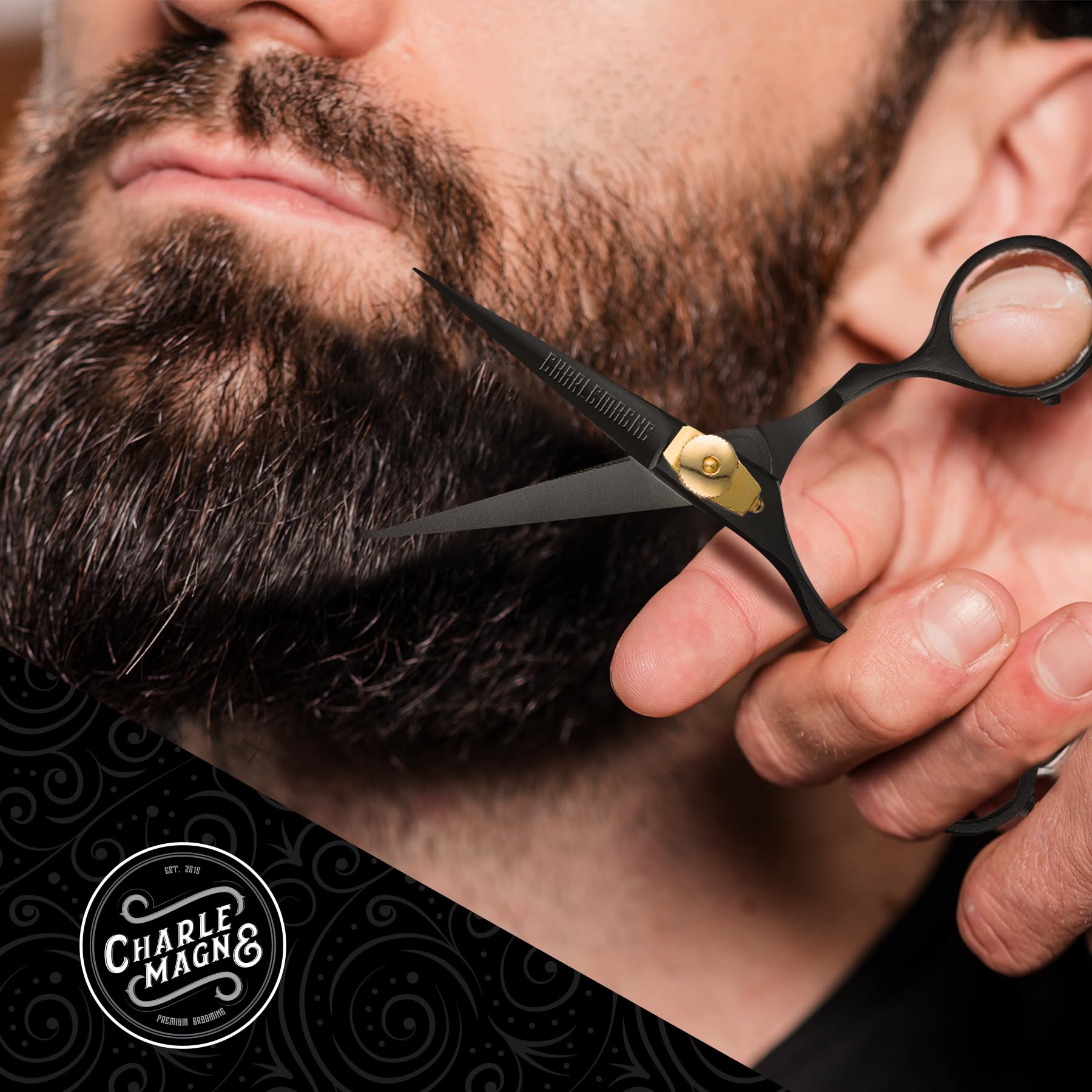 Charlemagne Hand-Forged Japanese Steel Beard & Mustache Scissors - Stainless Steel, 5.5 in - Precision Beard Trimming - Nose Hair Scissors - Fits Mustache Kit & Grooming Kit