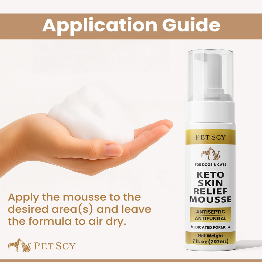 Petscy Keto Skin Relief Mousse for Dogs & Cats – 2% Chlorhexidine & 1% Ketoconazole – No-Rinse, Non-Greasy Mousse for Itchy, Dry, or Irritated Skin – Soothing Aloe, Easy Application - 7 fl oz