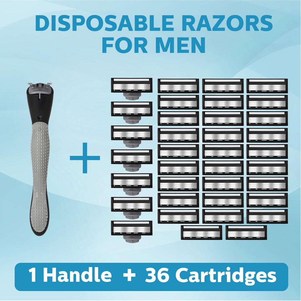Wovnet 37 Pcs Refillable 5 Blade Disposable Razors for Men Sensitive Skin Razor Men's Disposable Refillable Razors Set Shaving Kit, 1 Razor Handle and 36 Cartridges