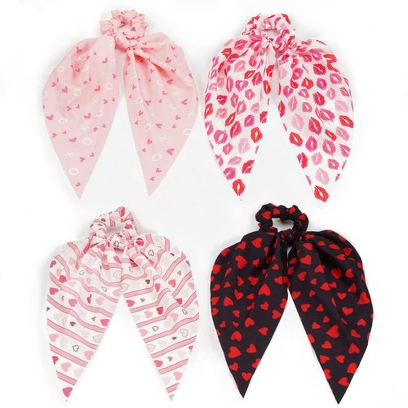 Briutn Valentines Hair Scrunchies for Women Pink Heart Hair Ribbon Scrunchy Ponytail Holder