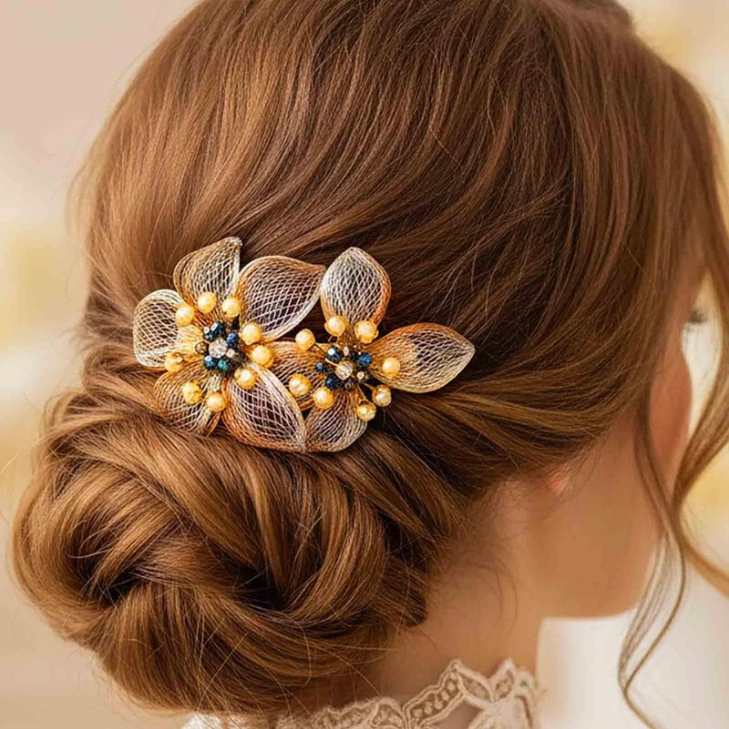 Yokawe Crystal Flower Hair Clip, Gold Mesh Design with Pearl Beads, Wedding Hair Accessory, Double Floral Barrette