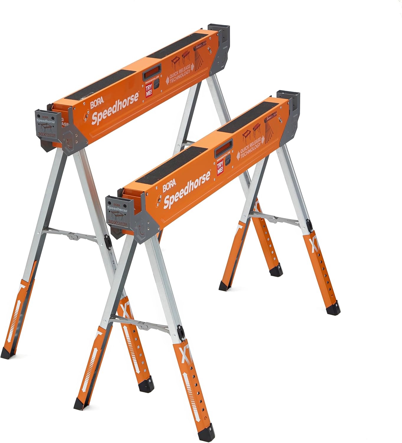 Bora Portamate Speedhorse XT Sawhorse Pair - Heavy Duty Adjustable 30-36 Inch Metal Top | Ideal for Contractors & Carpenters