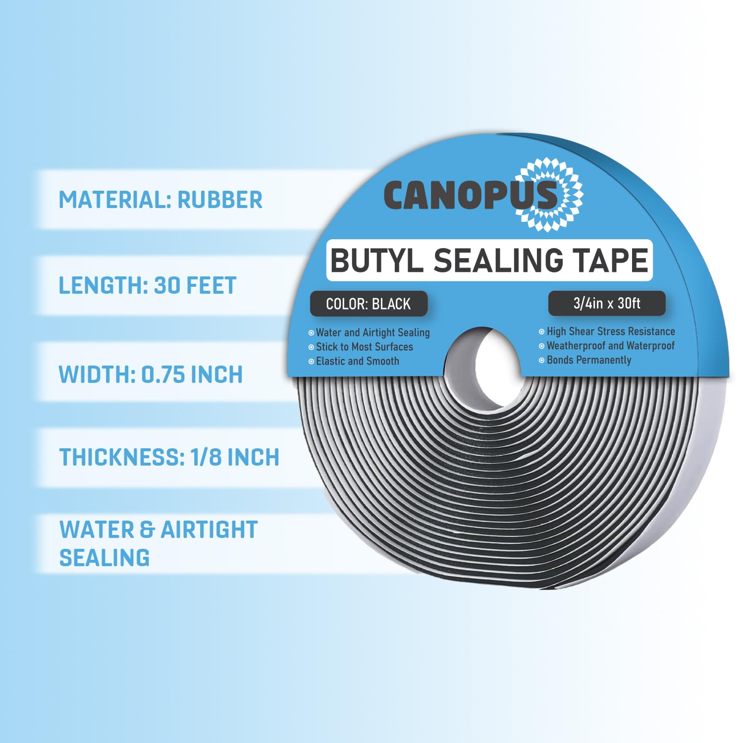 CANOPUS Butyl Seal Tape, Black, 1/8-in x 3/4-in x 30-ft, Heavy Duty, Waterproof Sealant Putty Tape, Rubber Tape to Seal RV, Boat, Home Pipes and Car Windows Leaks