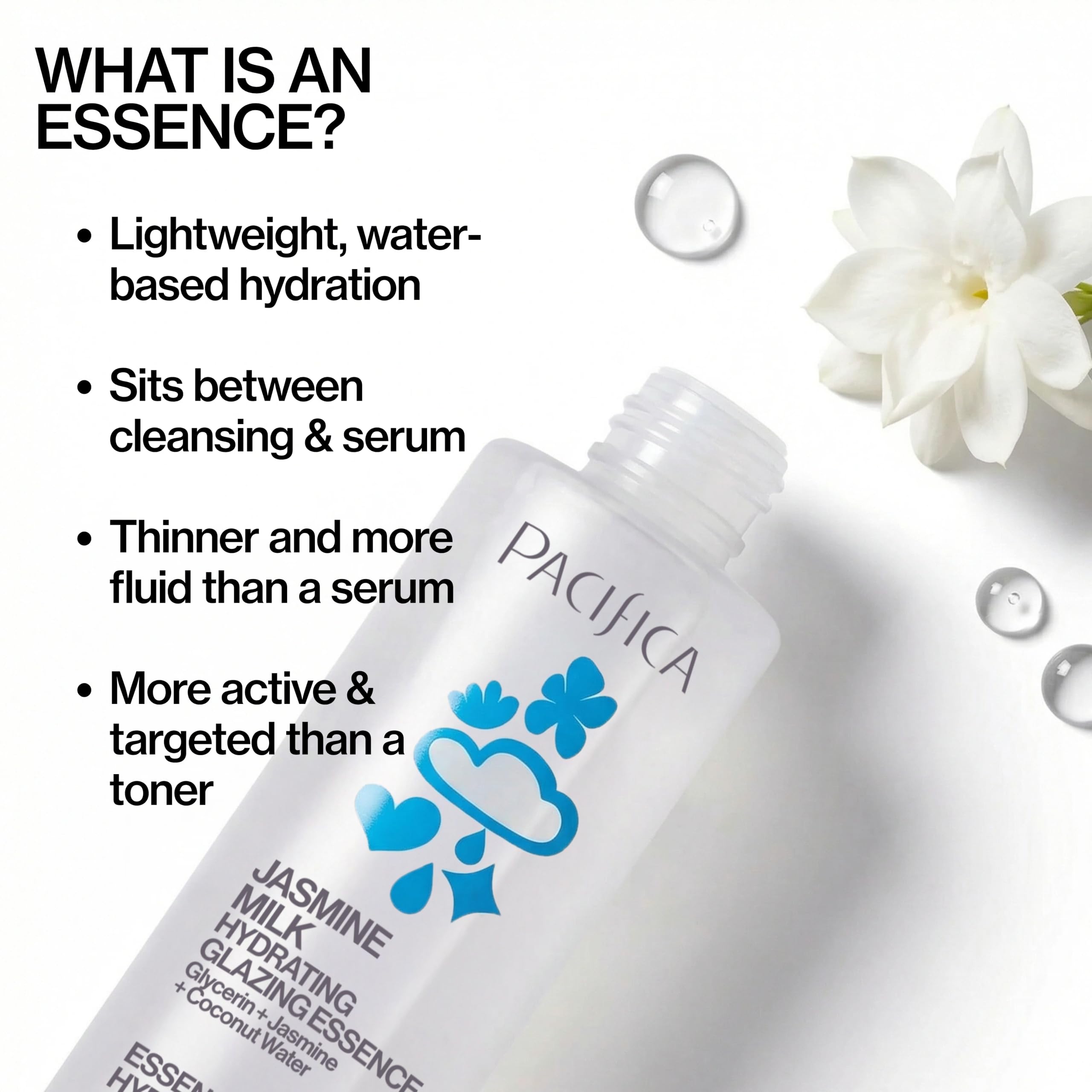 Pacifica Hydrating Glazing Facial Essence with Jasmine Squalane and Polyglutamic Acid - Milky Glass Skin Essence for Dry Skin - Deep Hydration Moisture Lock - Clean Vegan Cruelty-Free - 5 Fl Oz