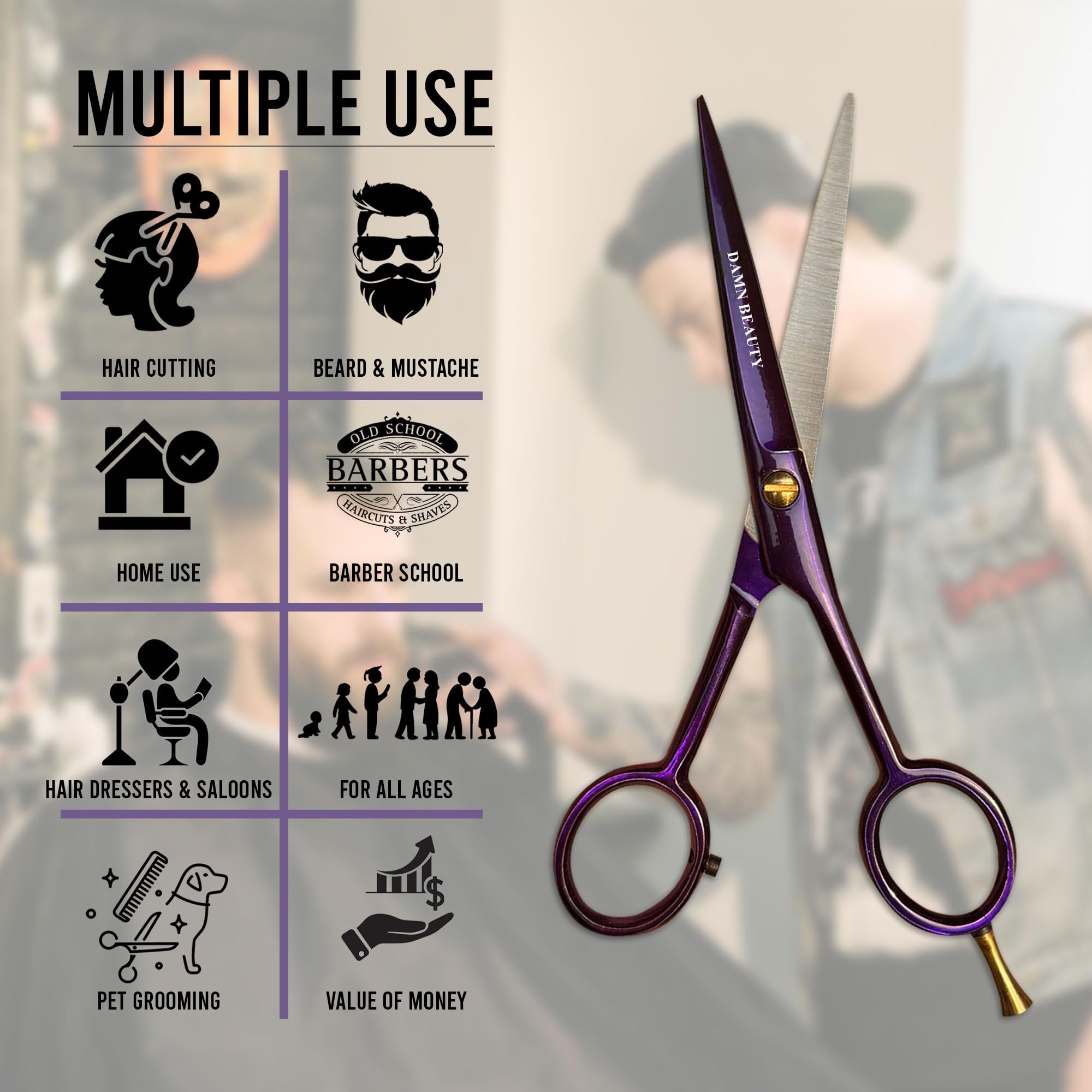 5.5" Professional Hair and Beard Scissor For Men & Women German Shears Use for Facial Hair, Trimming, Grooming, Cutting, and Styling of Beard (Purple)