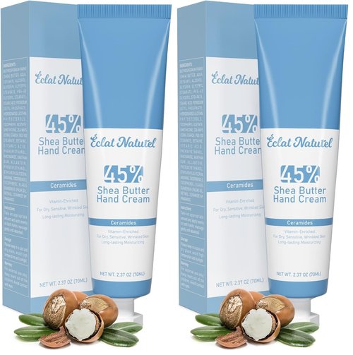 ÉCLAT NATUREL Shea Butter Hand Cream, Made with 45% Shea Butter Moisturizer for Dry Hands, Vitamin E Niacinamide Ceramide Hand Lotion, Radiant Nourish Moisturizing Cream, 2.37 Fl Oz (Pack of 2)