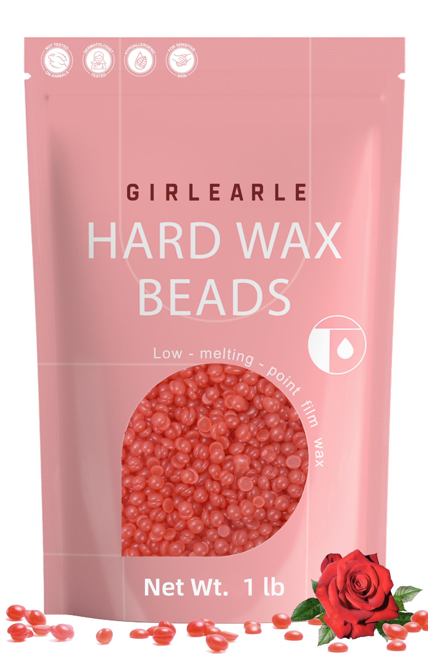 GIRLEARLE 1LB Hard Wax Beads for Hair Removal, Low Melt Hard Wax Beads with Red Rose Formula, Wax Beads for Brazilian Waxing & Sensitive Skin, Stripless Hard Wax for Bikini, Face & Body At-Home Waxing