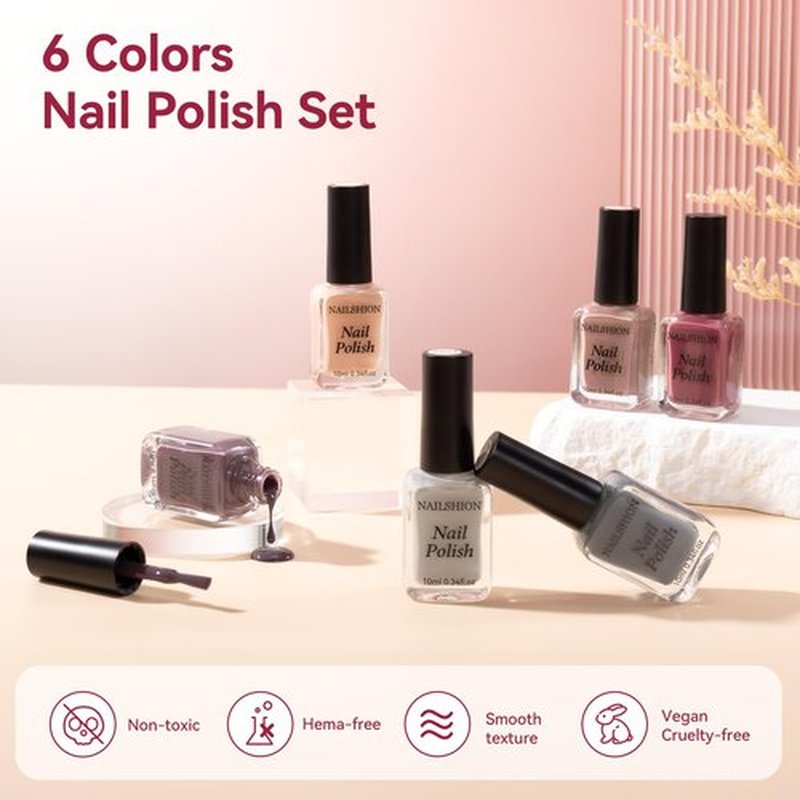 Nailshion Nude Grays Nail Polish Set, 6 Colors Nude Pink Brown Red Dusty Rose Nail Polishes Neutral Color for All Seasons, Fast Air Dry Nail Art DIY at Home Manicure Gift for Women Girls