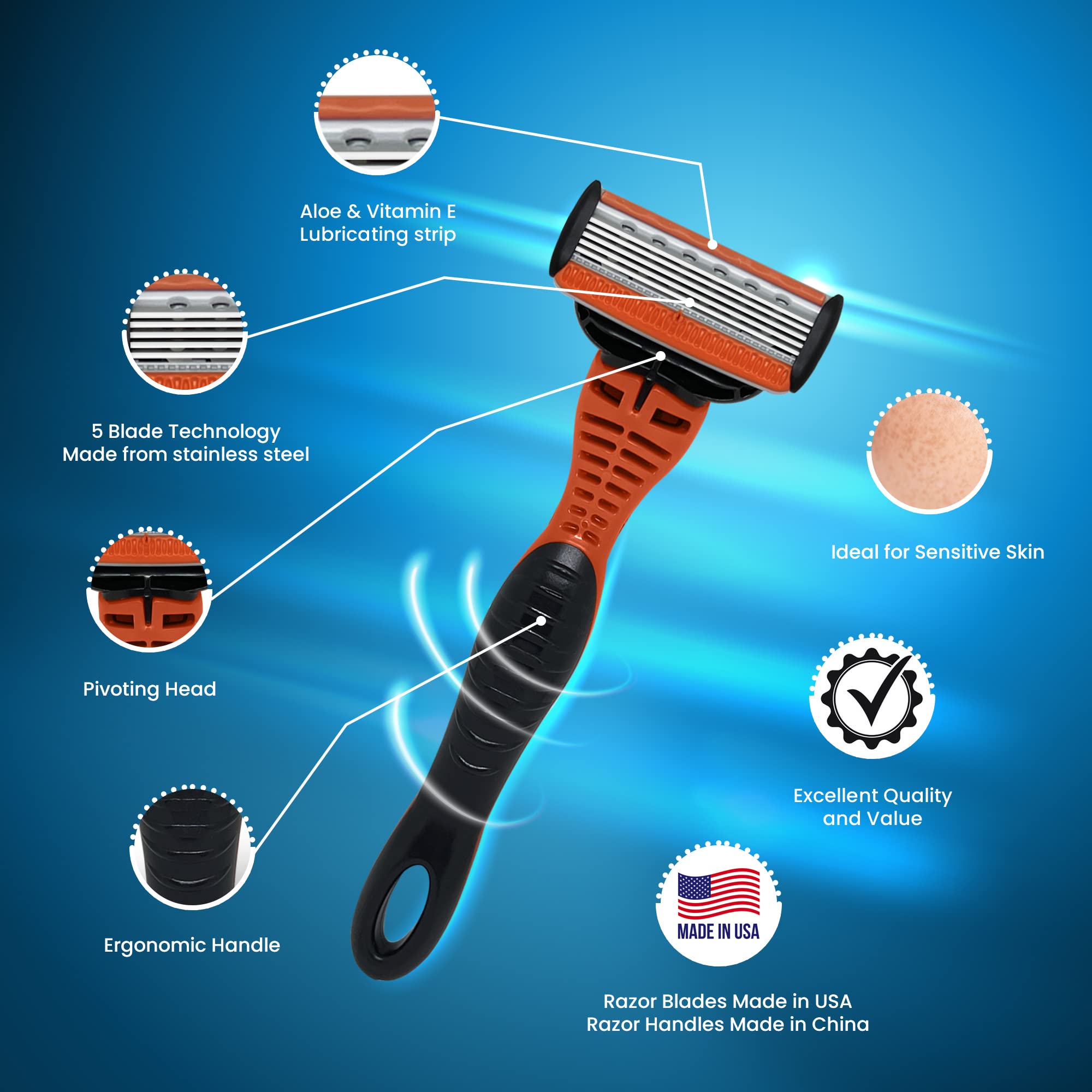 Vaylor 5 Blade Pivoting Mens Disposable Shaving Razor, 1 Pack, with Ergonomic Handle and Rubber Grip