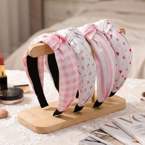 obeoby Pink Knotted Headbands, Trendy Heart Stripes Headbands for Girls Non-Slip Hair Bands for Women’s Hair (4Pack)