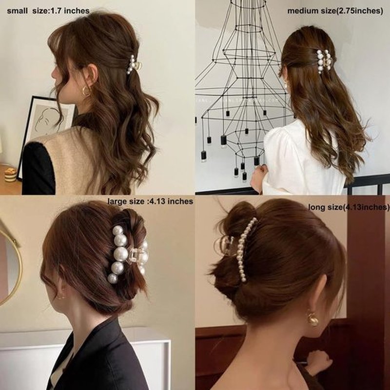 Skiennix Large Pearl Hair Clips Set - Strong Hold No Slip Banana Jaw Barrettes | 4 PCS Hair Accessories