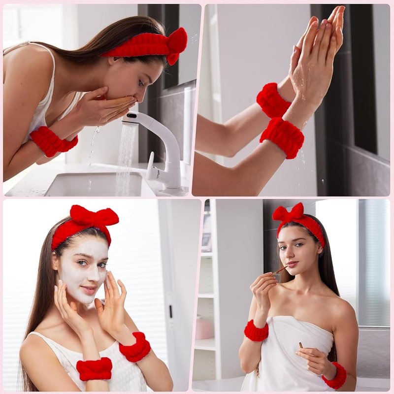 Zaritaffy 16pcs Skincare Headband Set, Headband Set for Face Washing Spa and Makeup, Including 1 Hairband, Wristband, 3 Hair Claw Clips and 10 Hair Ties, with Box, Gift for Women and Girls, Red
