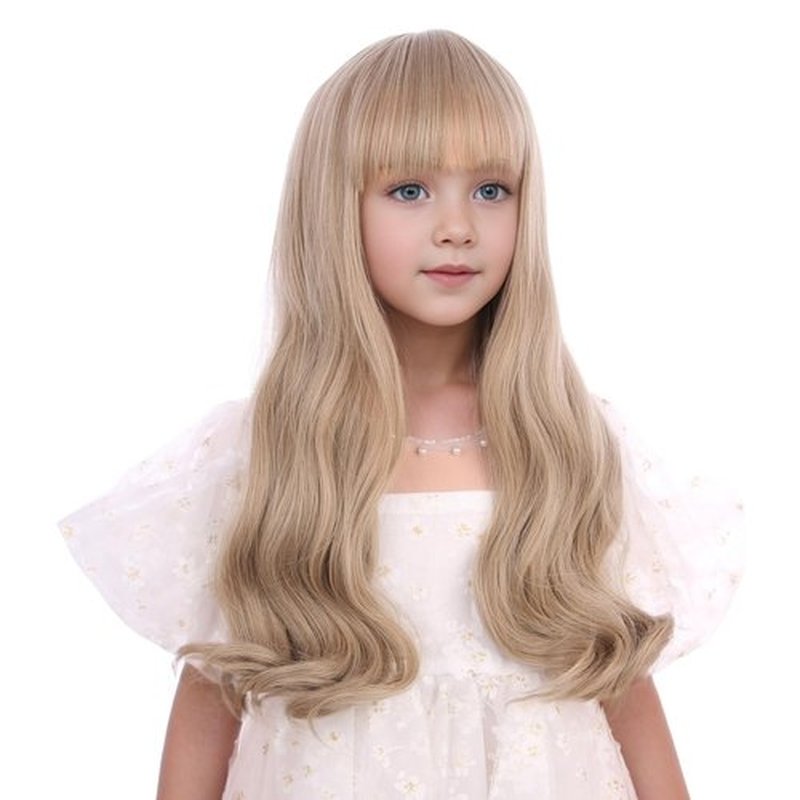 Edivd Mixed Blonde Wig for Kids Child Long Ash Blonde Wig with Flat Bangs Long Wavy Curly Wigs for Girls Heat Resistant Synthetic Wigs with Cap