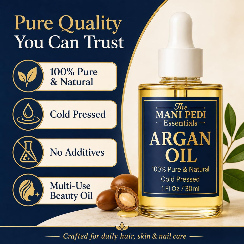 The Mani Pedi Essentials TMPE Argan Oil for Hair & Skin – 100% Pure Cold-Pressed Argan Oil, Lightweight Non-Greasy Hair Oil for Dry Damaged Hair, Face & Body Moisturizing Oil, Daily Use – 1 fl oz