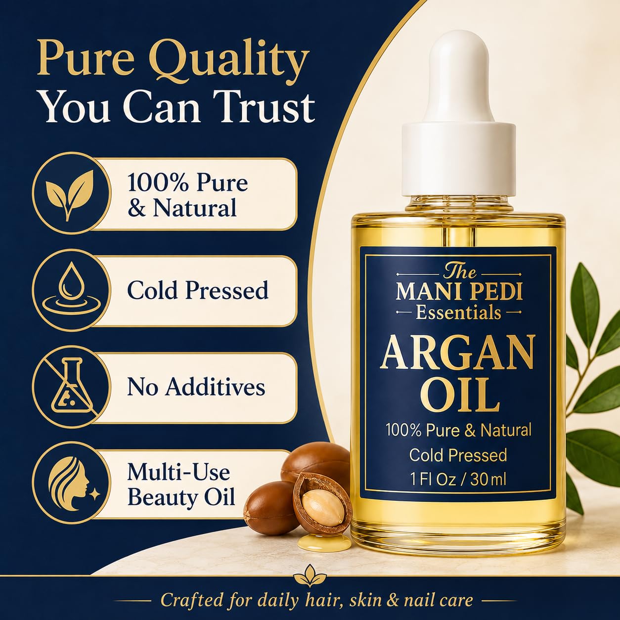 The Mani Pedi Essentials TMPE Argan Oil for Hair & Skin – 100% Pure Cold-Pressed Argan Oil, Lightweight Non-Greasy Hair Oil for Dry Damaged Hair, Face & Body Moisturizing Oil, Daily Use – 1 fl oz