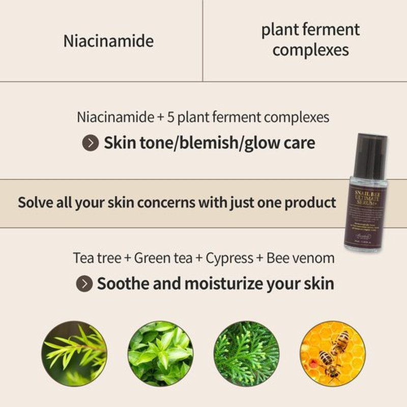 BENTON Snail Bee Ultimate Serum Plus 35ml (1.18 fl.oz.) - Snail Secretion Filtrate, Bee Venom, Tea Tree Leaf Water Contained Skin Nourishing & Soothing Facial Serum for Sensitive, Dry Skin